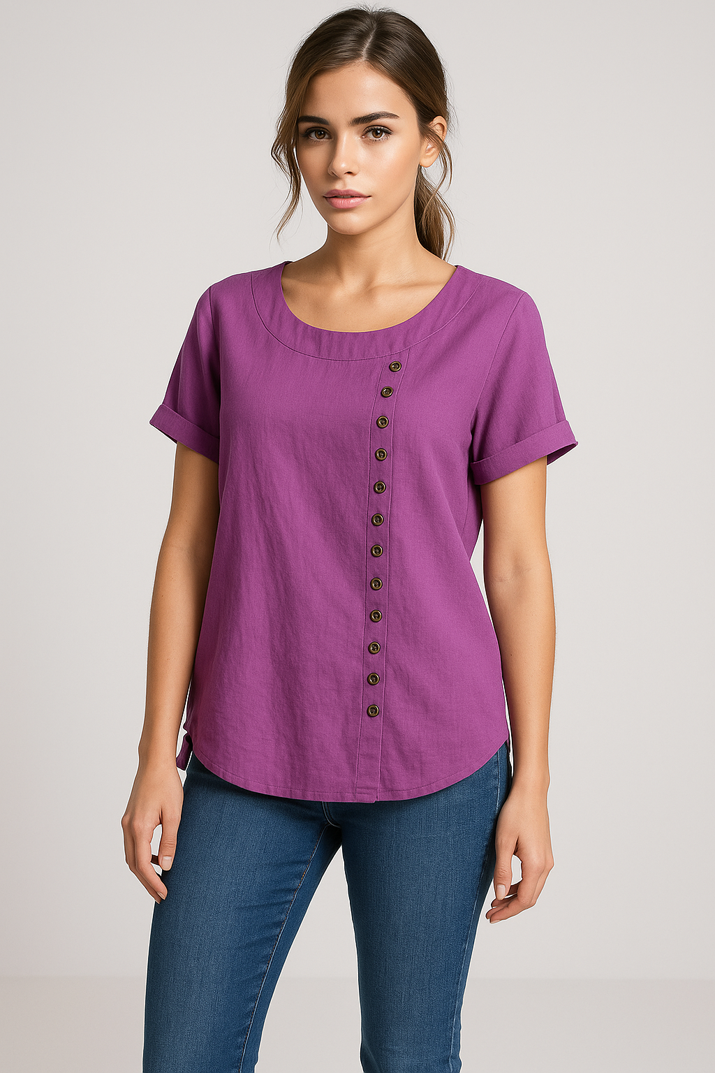 Linnedbluse til Damer – Elegant Komfort med Praktisk Knaplukning