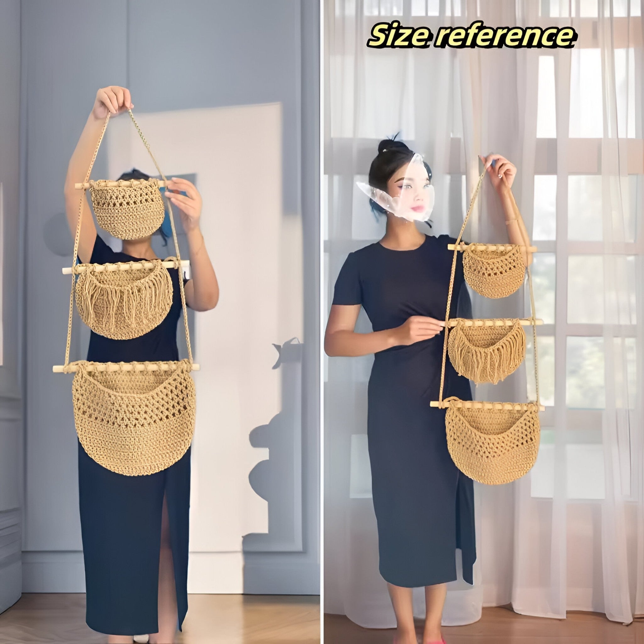 3-etagers hængende frugtkurv i jute