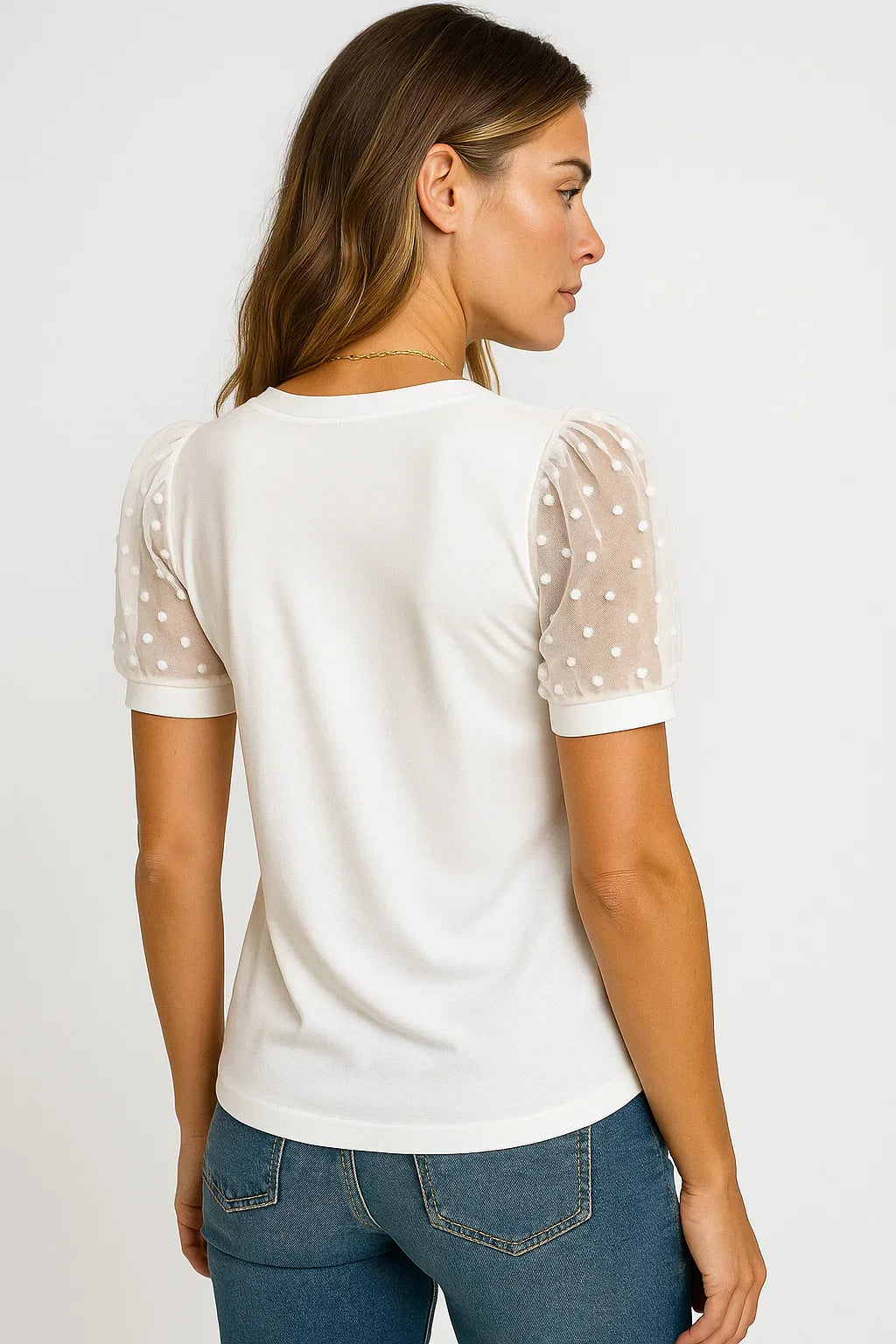 Elegant T-shirt – Puffærmer og Flatterende V-hals i Blød Bomuldsblanding