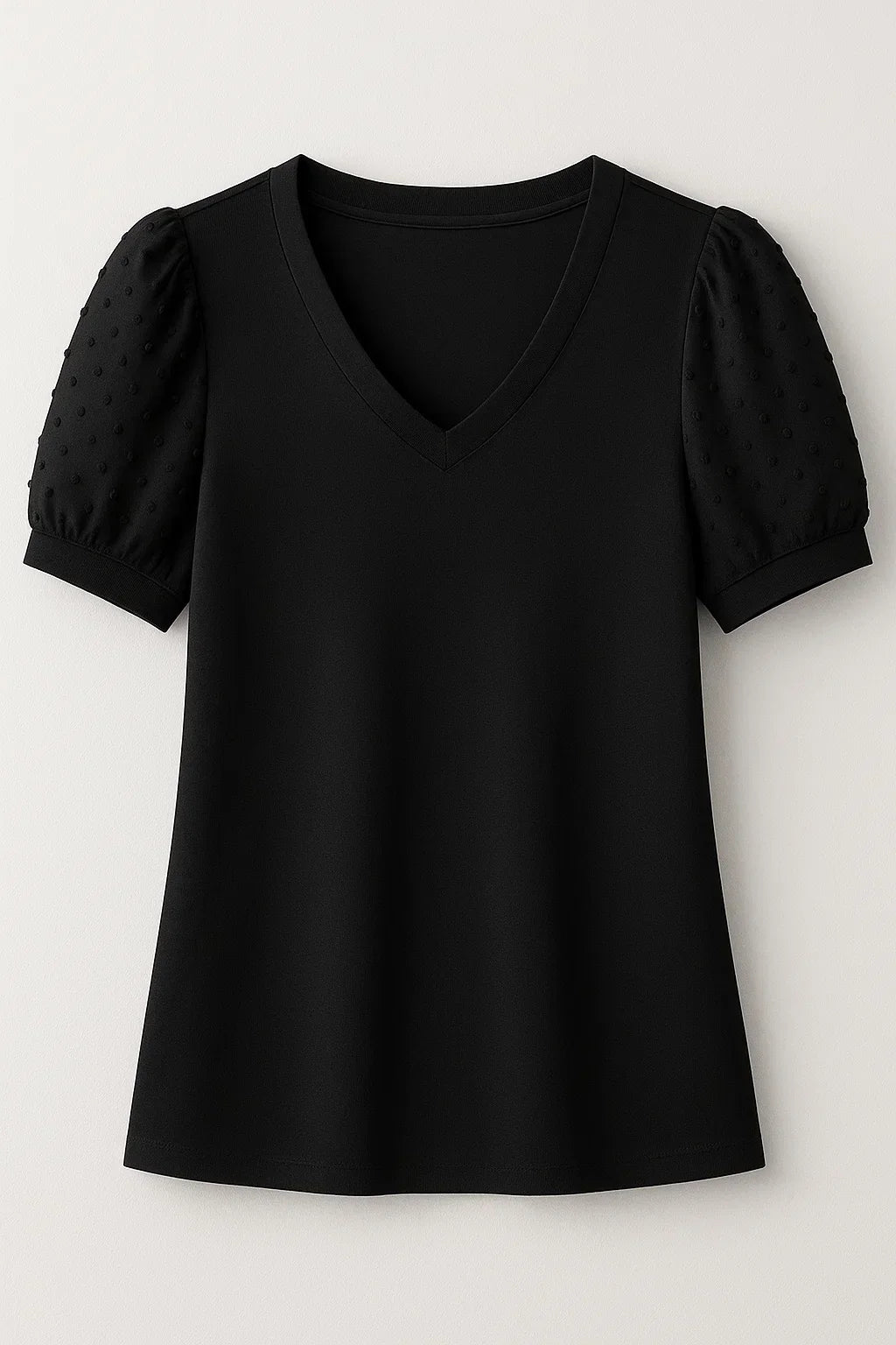 Elegant T-shirt – Puffærmer og Flatterende V-hals i Blød Bomuldsblanding