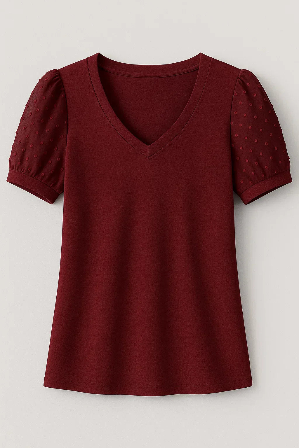 Elegant T-shirt – Puffærmer og Flatterende V-hals i Blød Bomuldsblanding