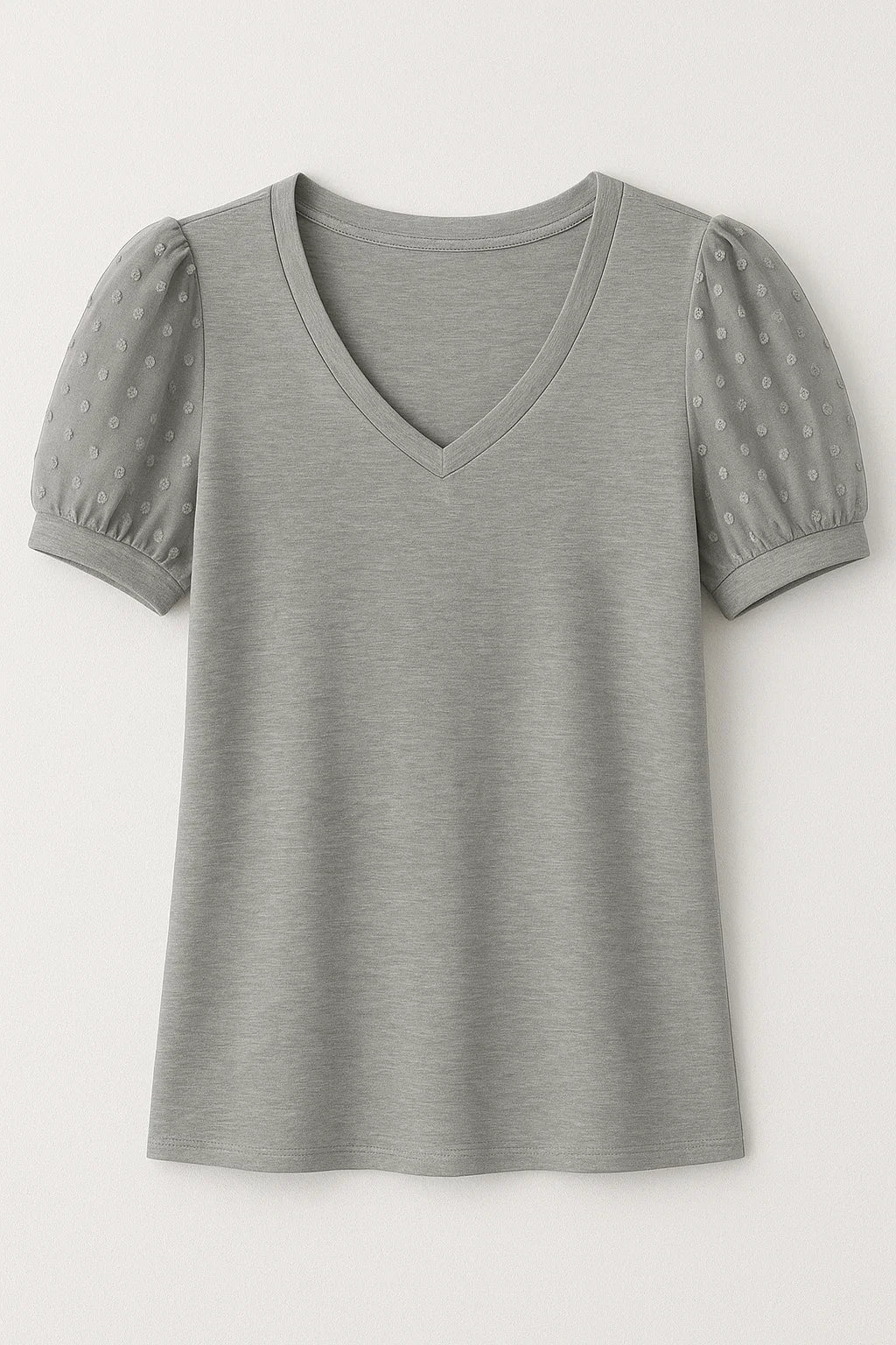 Elegant T-shirt – Puffærmer og Flatterende V-hals i Blød Bomuldsblanding