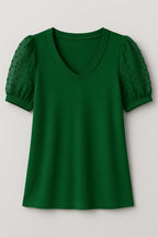 Elegant T-shirt – Puffærmer og Flatterende V-hals i Blød Bomuldsblanding