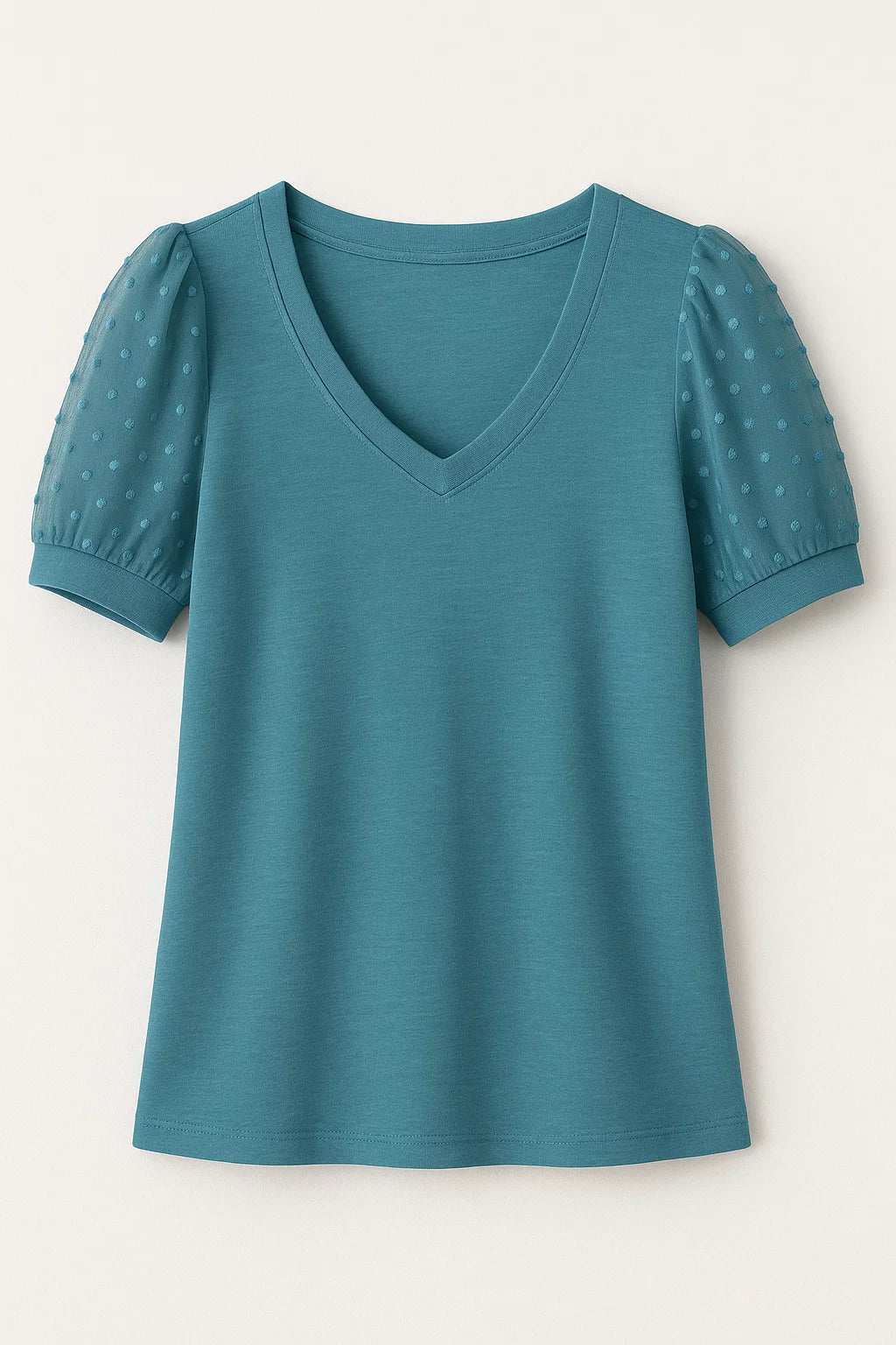 Elegant T-shirt – Puffærmer og Flatterende V-hals i Blød Bomuldsblanding